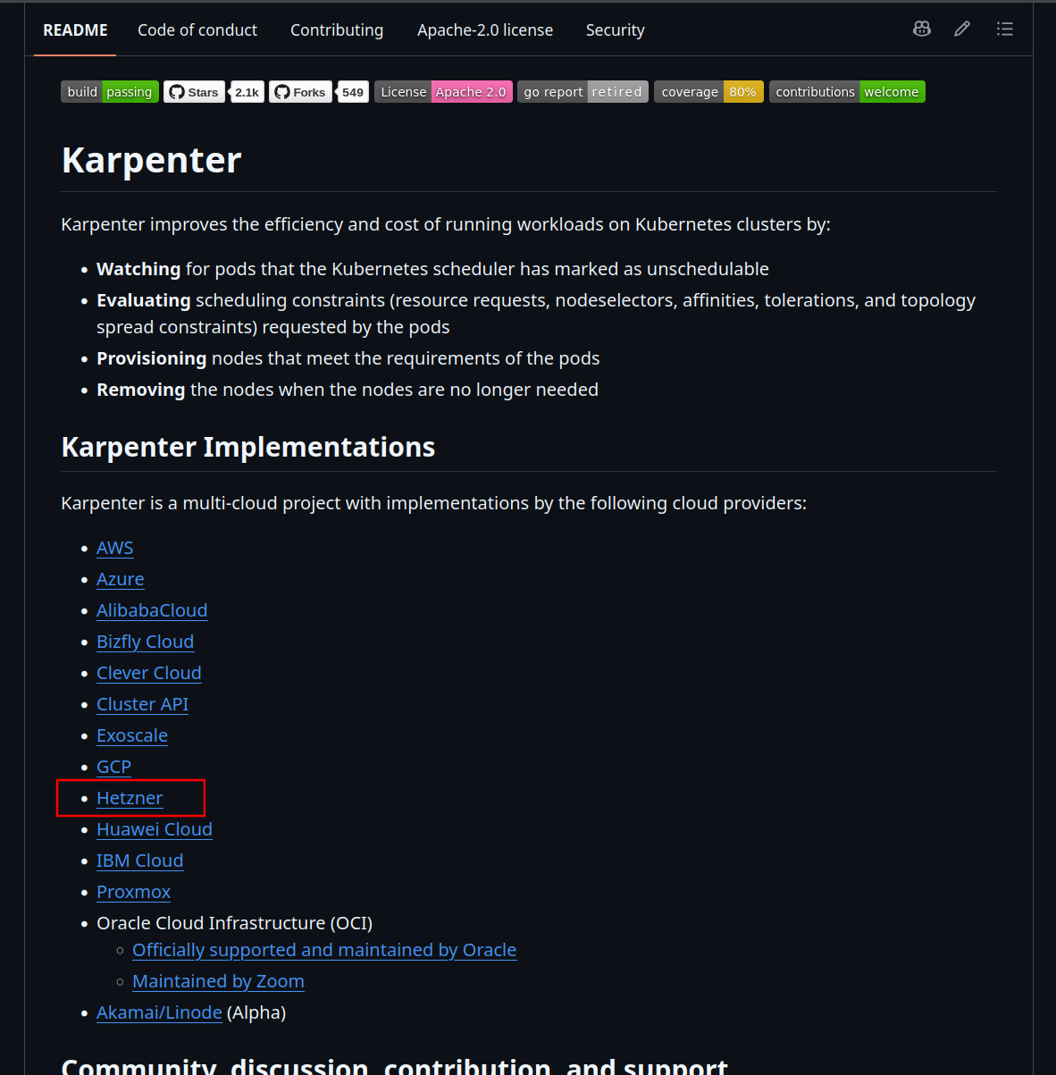 Karpenter repo Hetzner mention